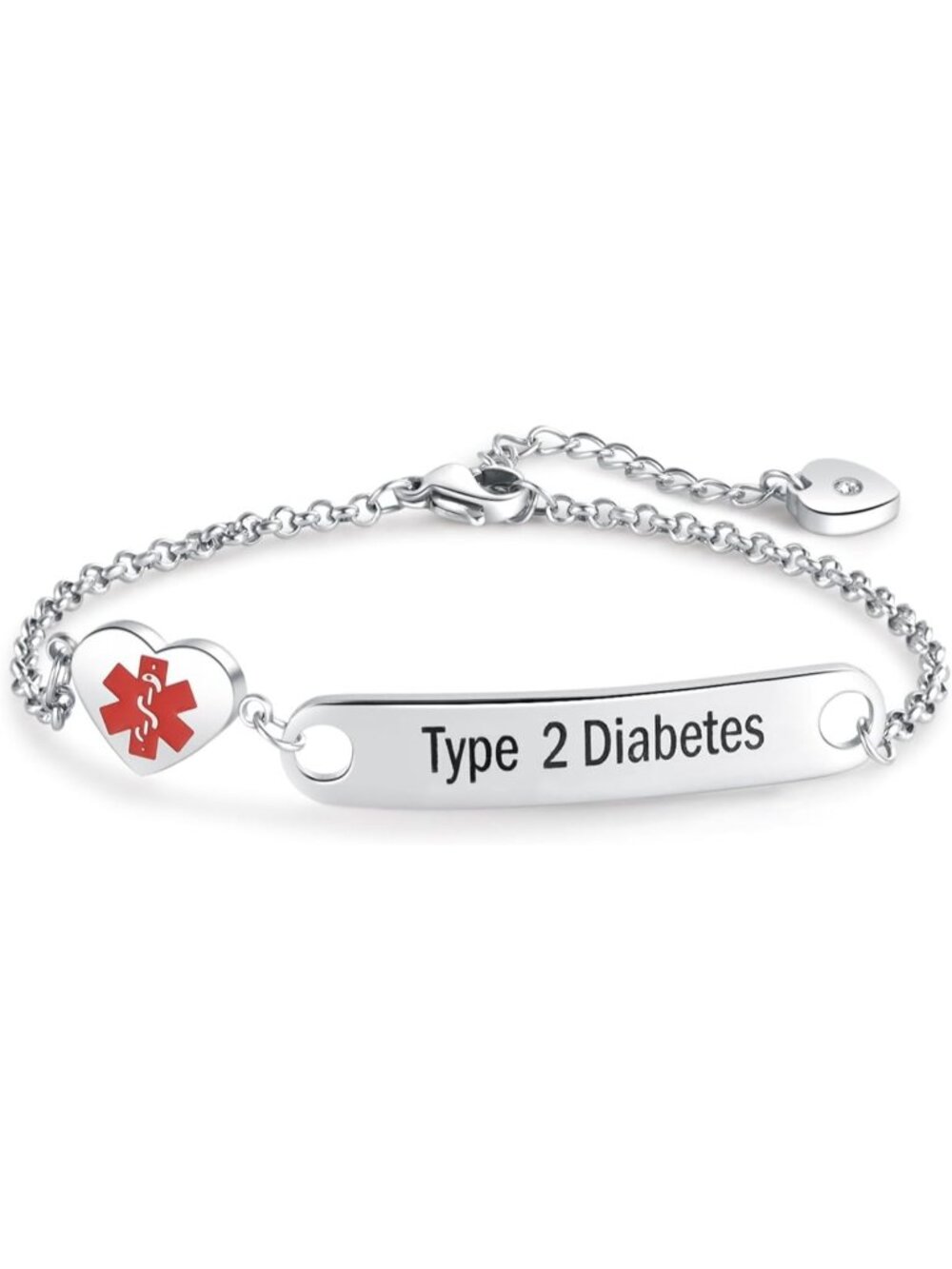 Women's Type 2 Diabetes Heart Medical Alert Stainless Steel Chain Bracelet